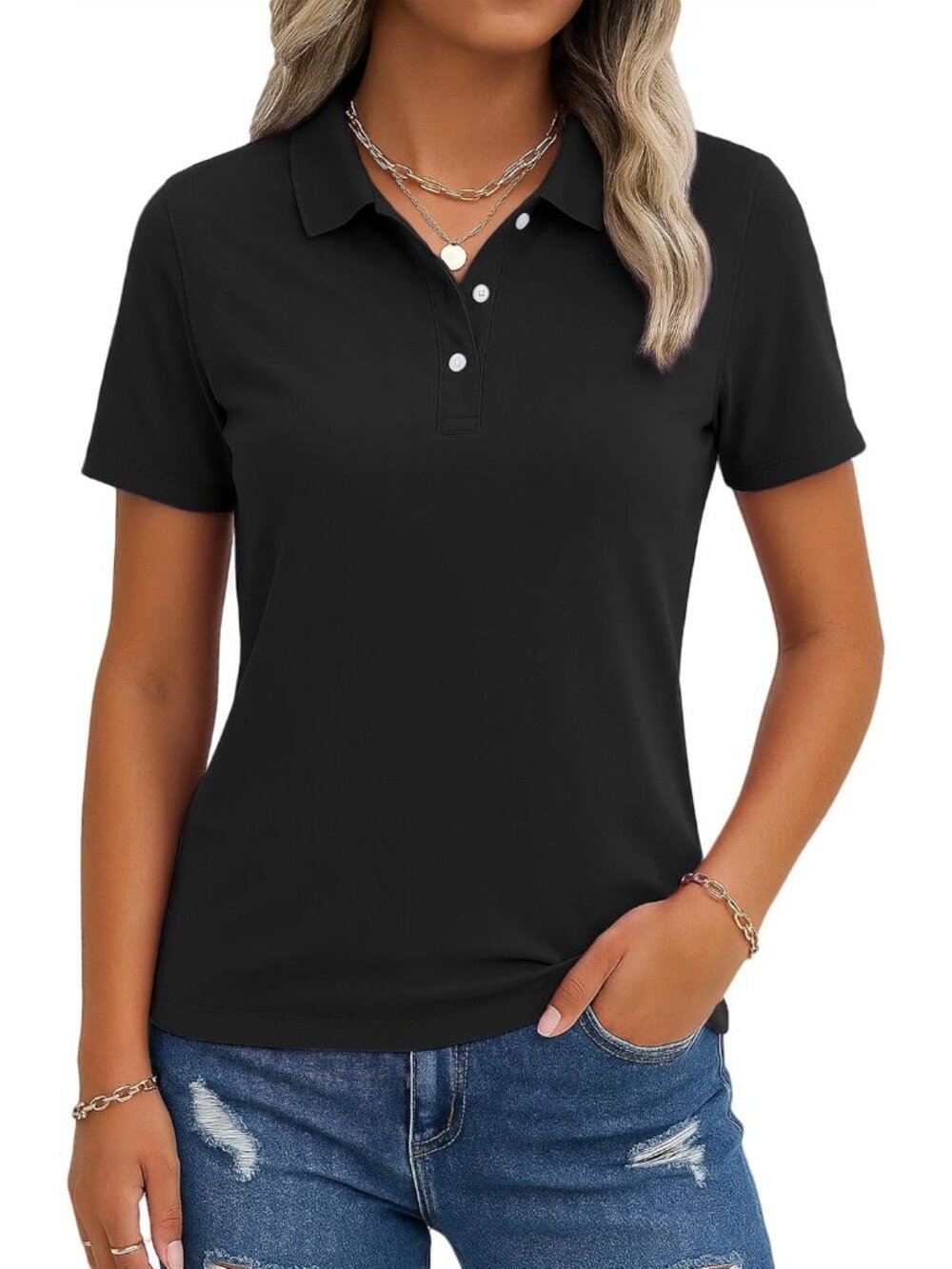 Women's Black Polo Shirts Short Sleeve 3-Button UPF50+ Golf Tops Casual Fits